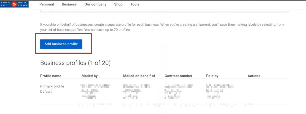 Canada Post business profile screenshot
